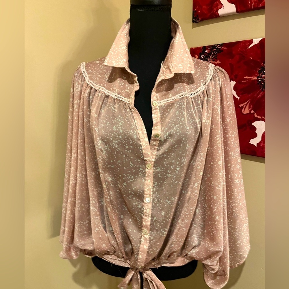 Lumiere Champagne button down Butterfly Sheer Blouse with Tie waist, size L